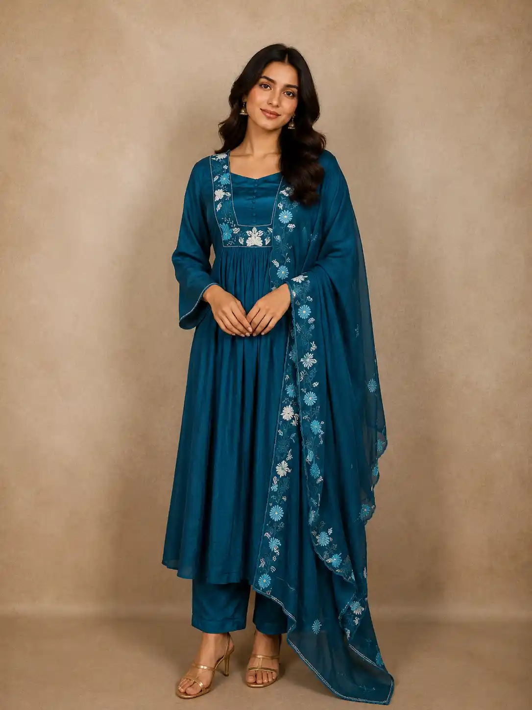Peacock Blue Floral Embroidered Design Cotton Anarkali Salwar Suit